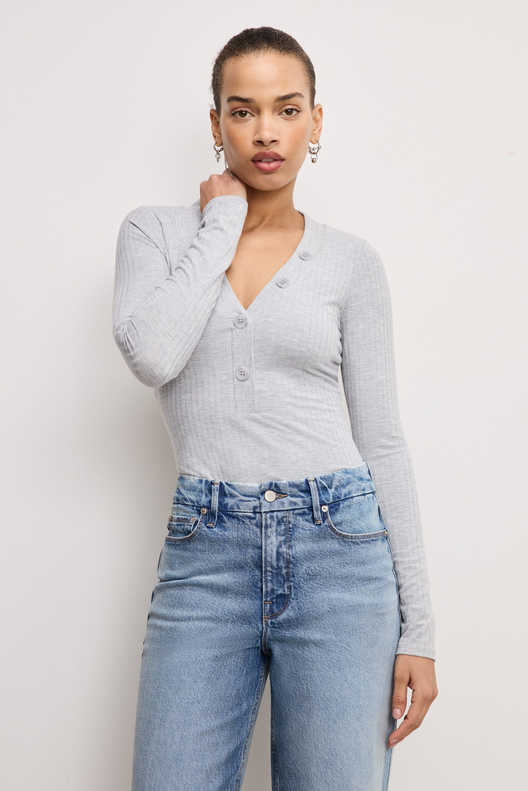 RIBBED HENLEY BODYSUIT | HEATHER GREY001 HEATHER GREY001 / 5XL