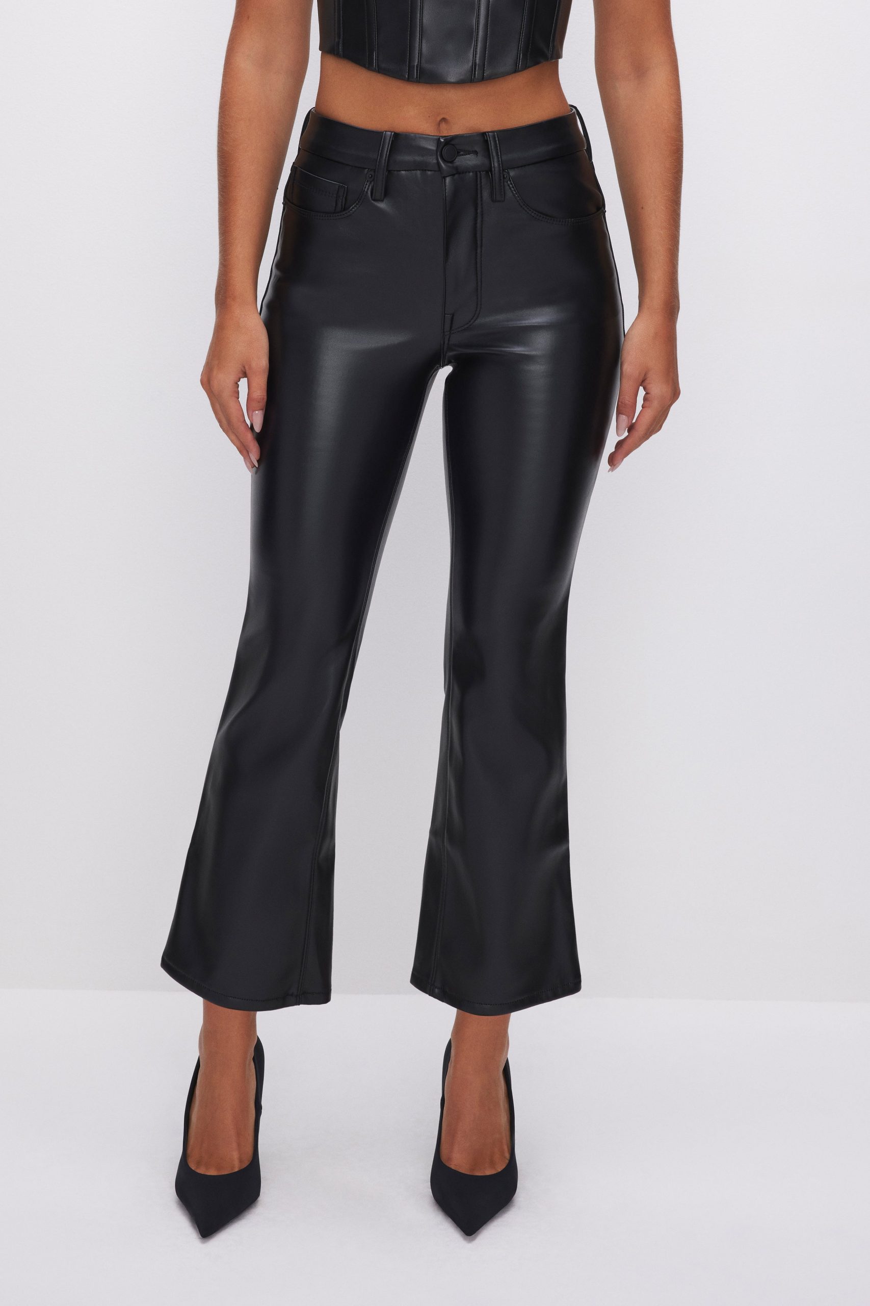 GOOD LEGS CROPPED MINI BOOT FAUX LEATHER PANTS | BLACK001