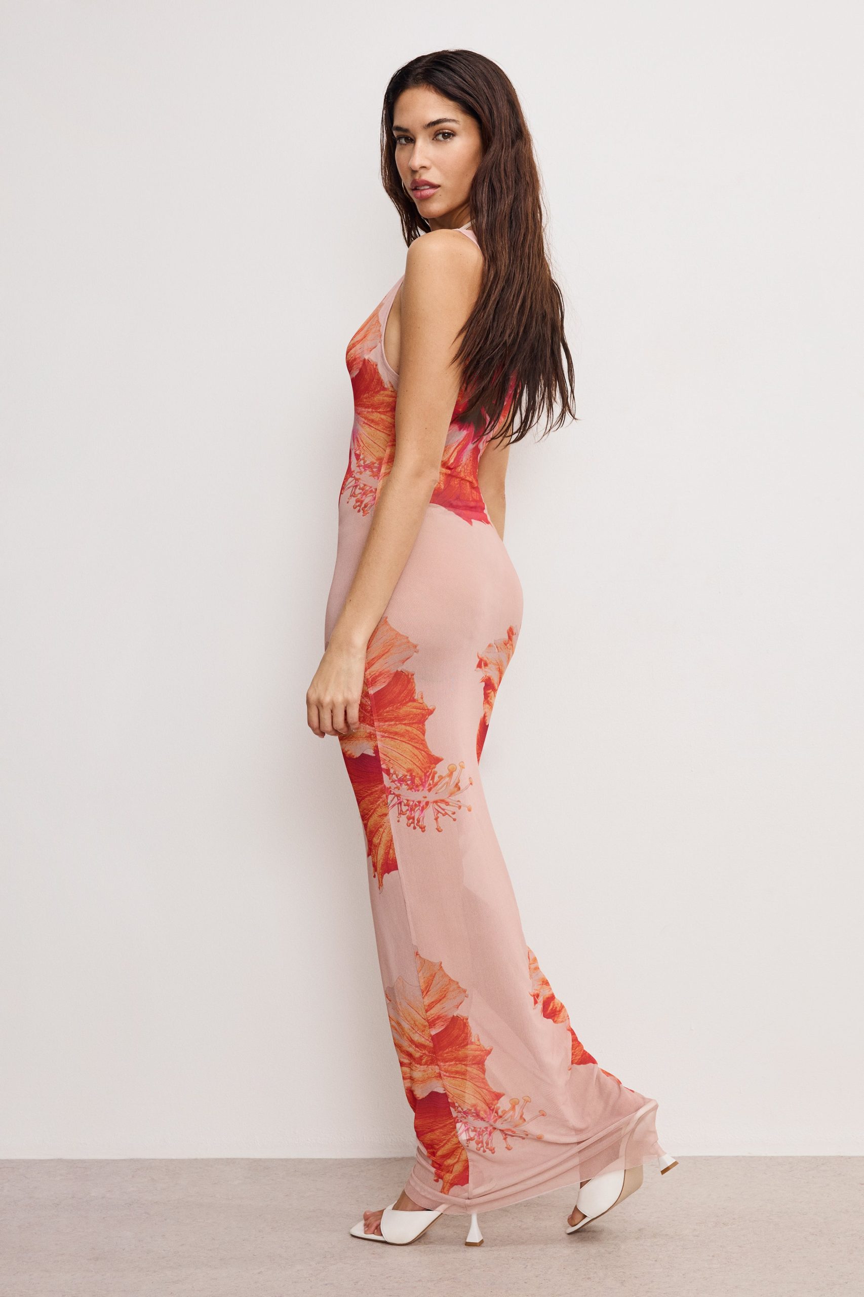 GAUZE MESH MAXI DRESS | MAUVE TROPICAL HIBISCUS001