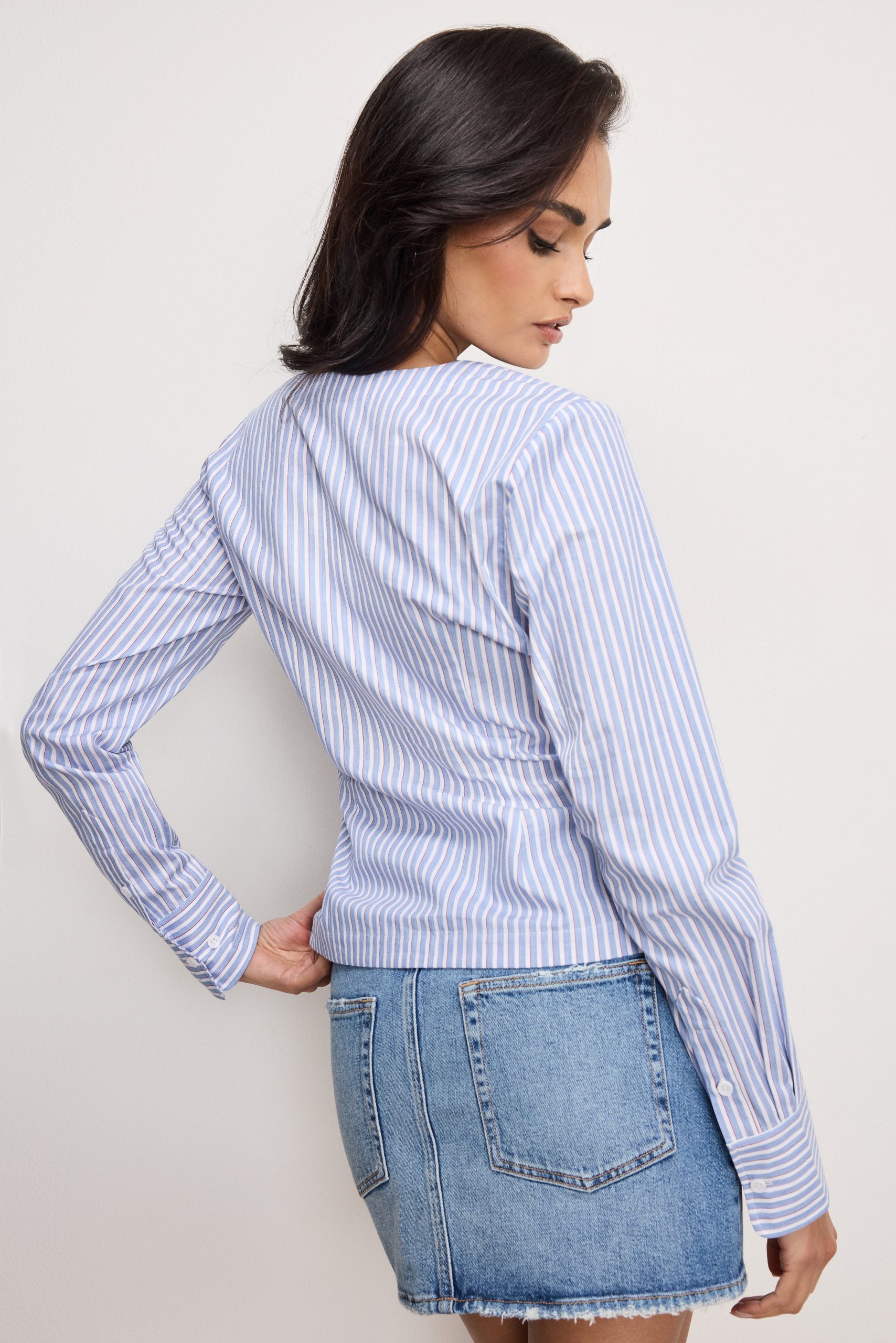 POPLIN RUCHED SHIRT | VACAY STRIPE001