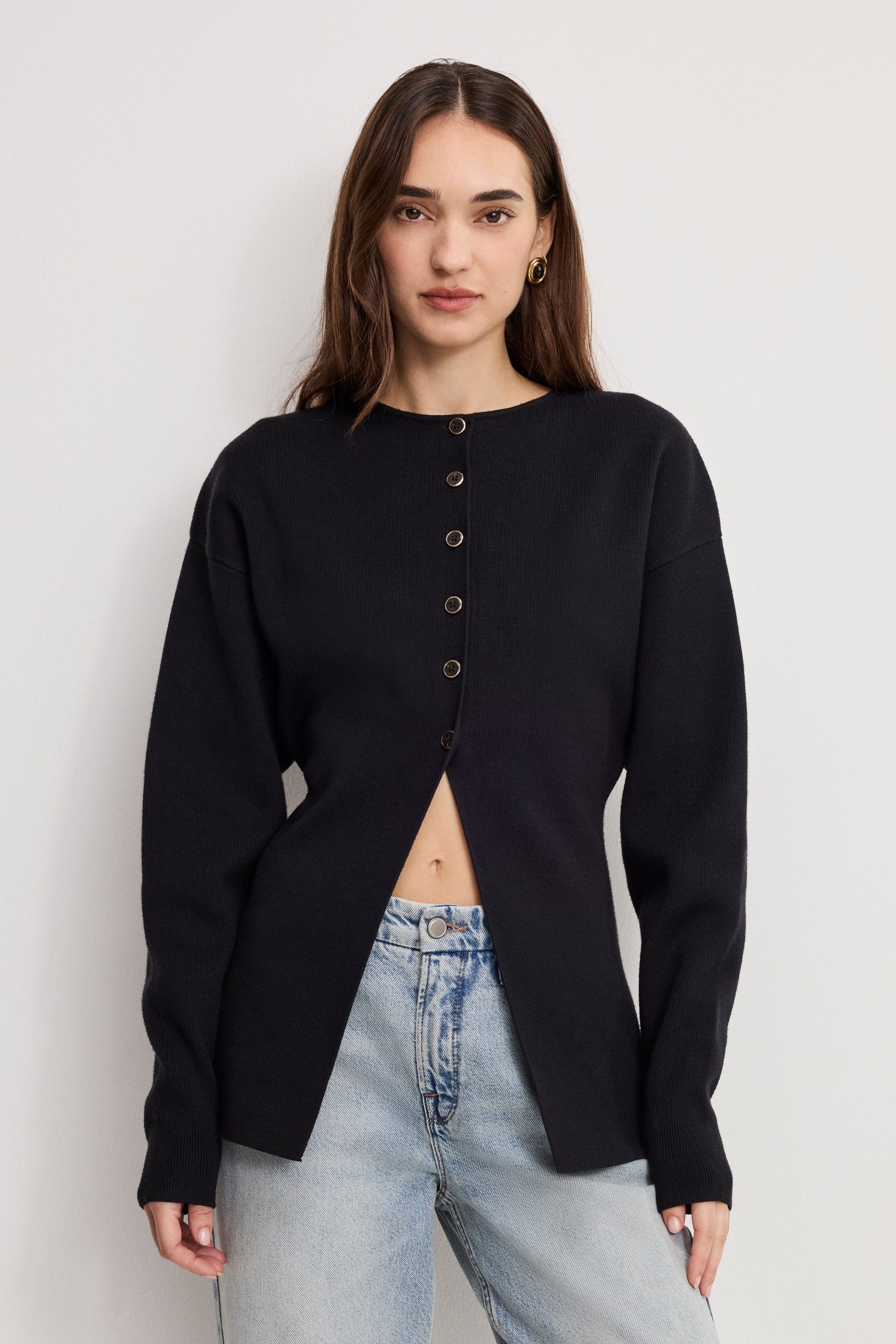 EXAGGERATED SLEEVE CARDIGAN SWEATER | BLACK001 BLACK001 / 5XL