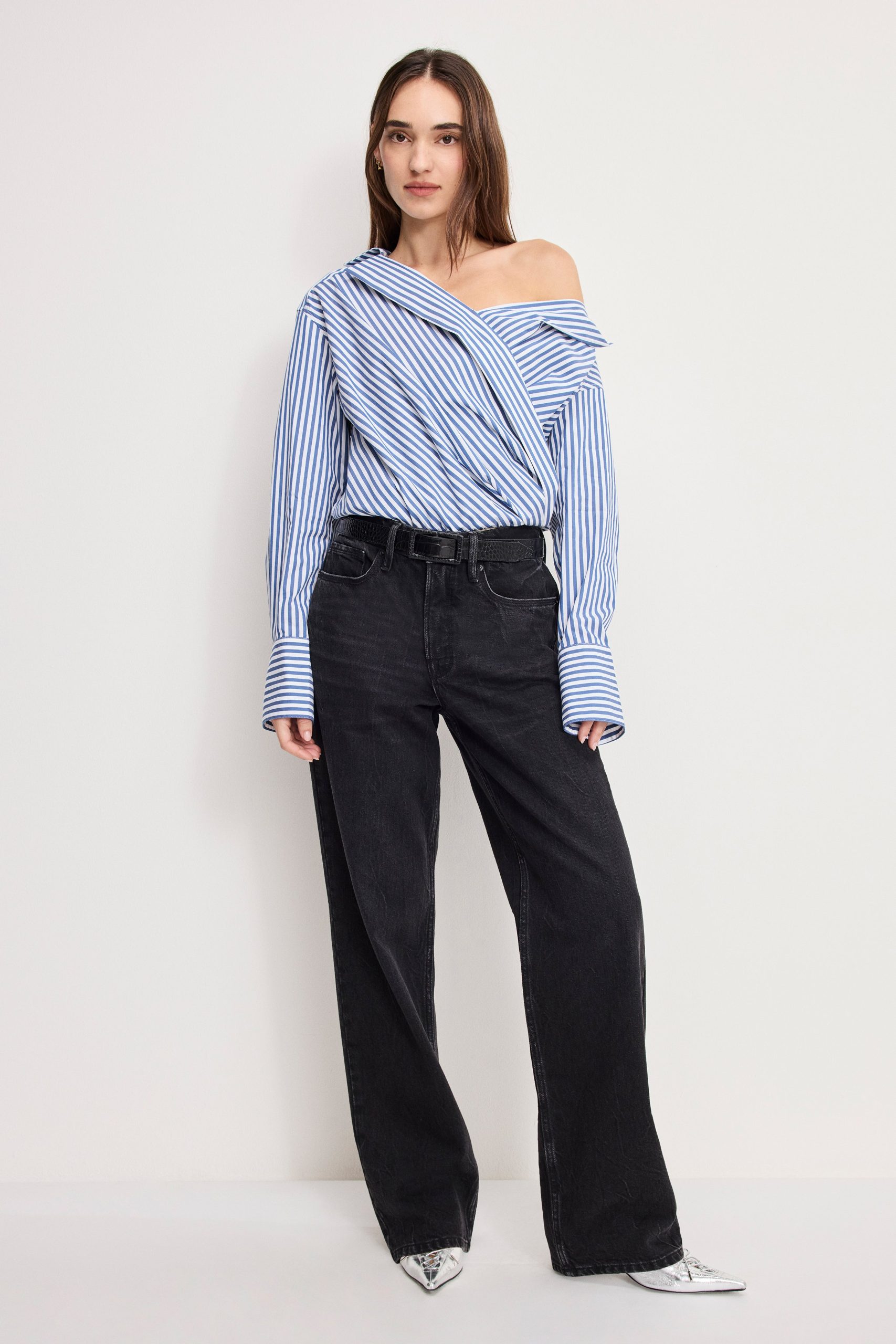 OFF-SHOULDER POPLIN BODYSUIT | INDIGO STRIPE INDIGO STRIPE / 5XL