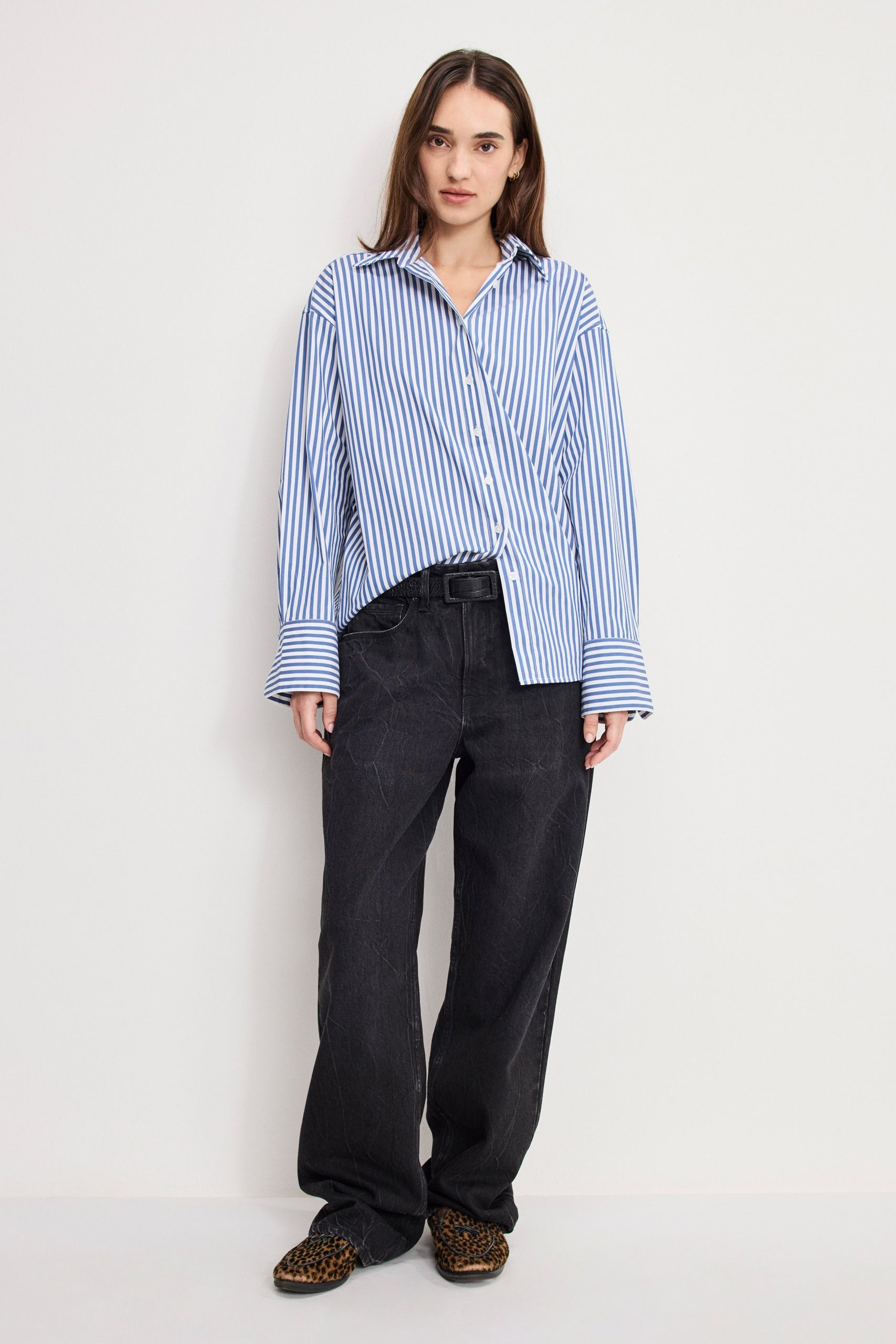 POPLIN OVERSIZED SHIRT W BUTTON ADJUSTABLE WAIST | INDIGO STRIPE INDIGO STRIPE / 5XL