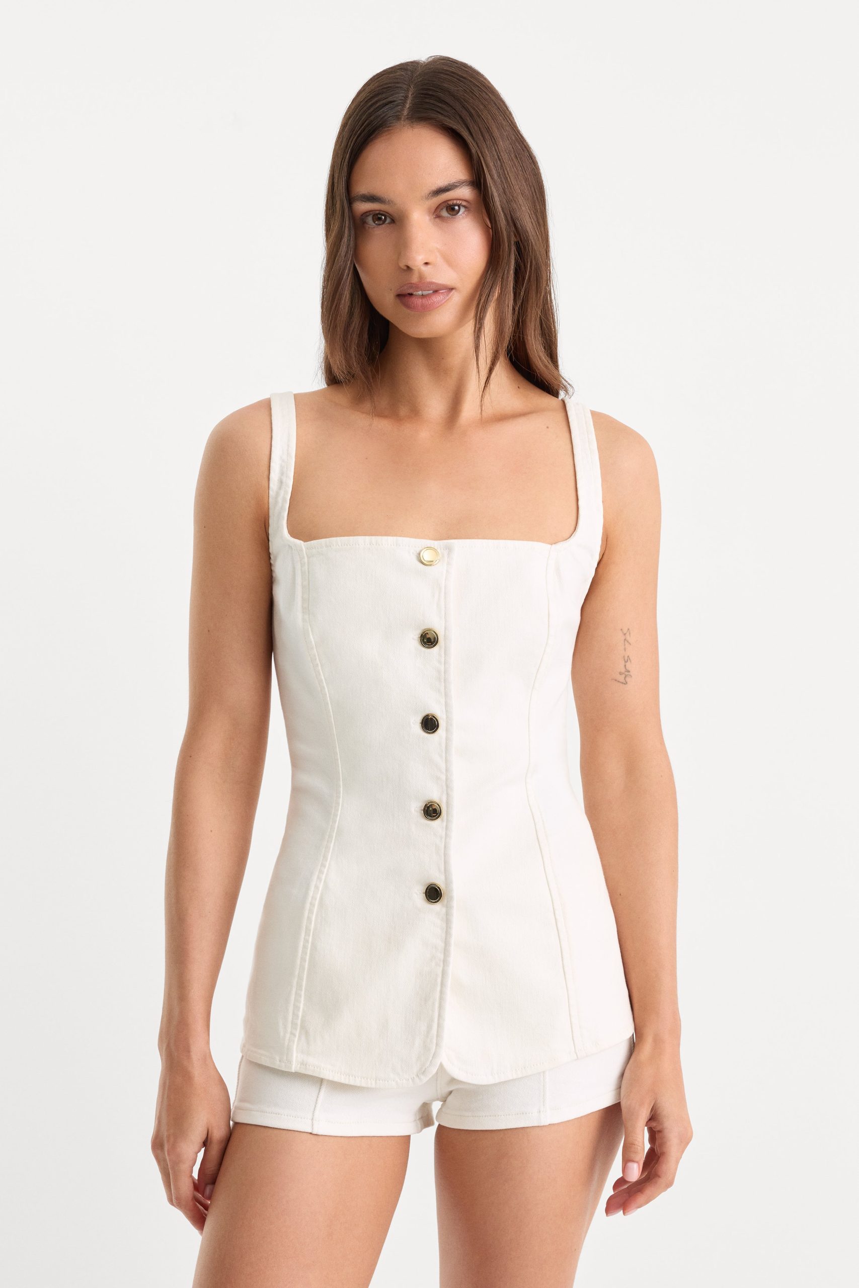 SLEEVELESS DENIM BUTTON FRONT TOP | COTTON WHITE COTTON WHITE / 3XL