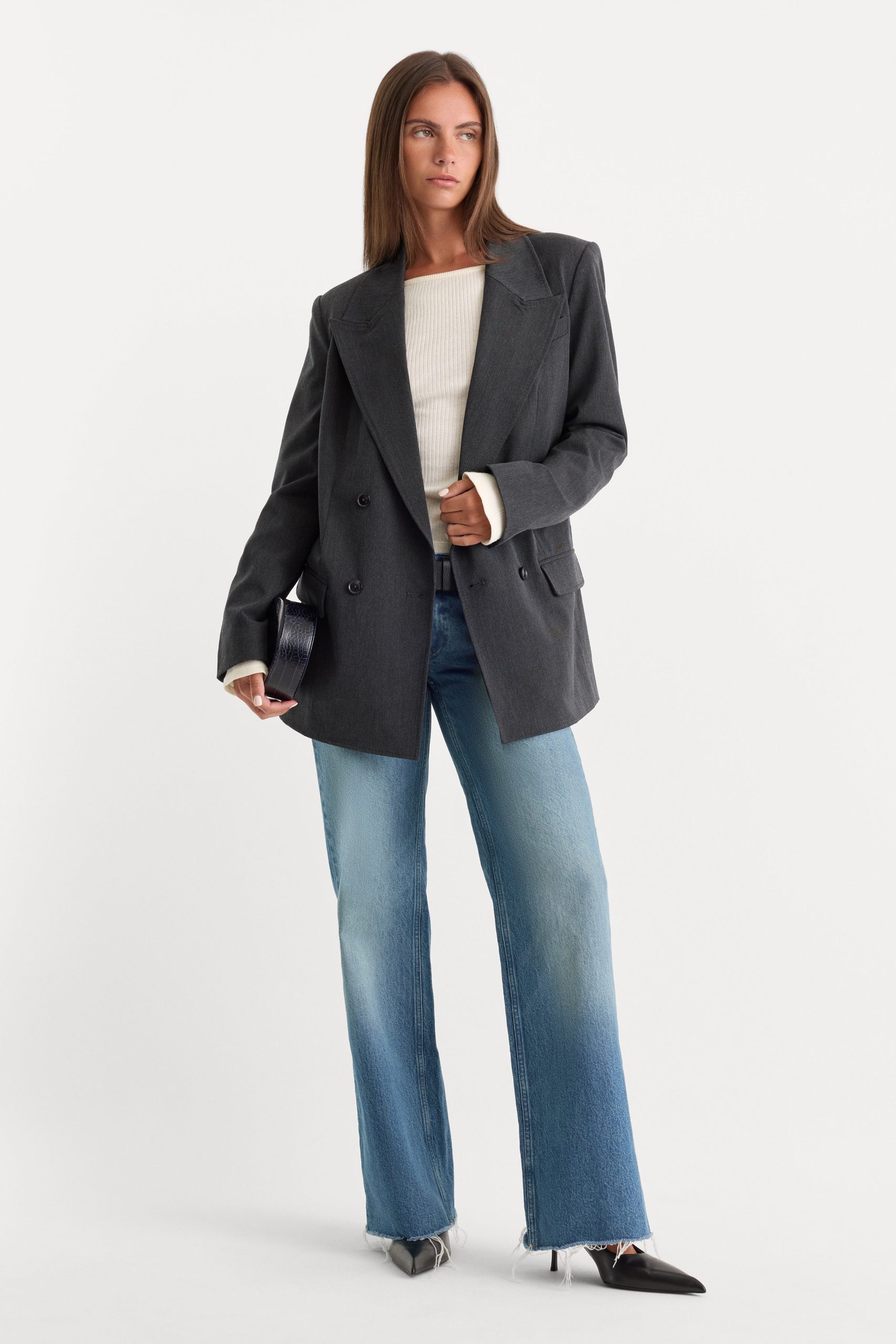 ESSENTIAL SUITING OVERSIZED DOUBLE BREASTED BLAZER | DARK HEATHER GRAY