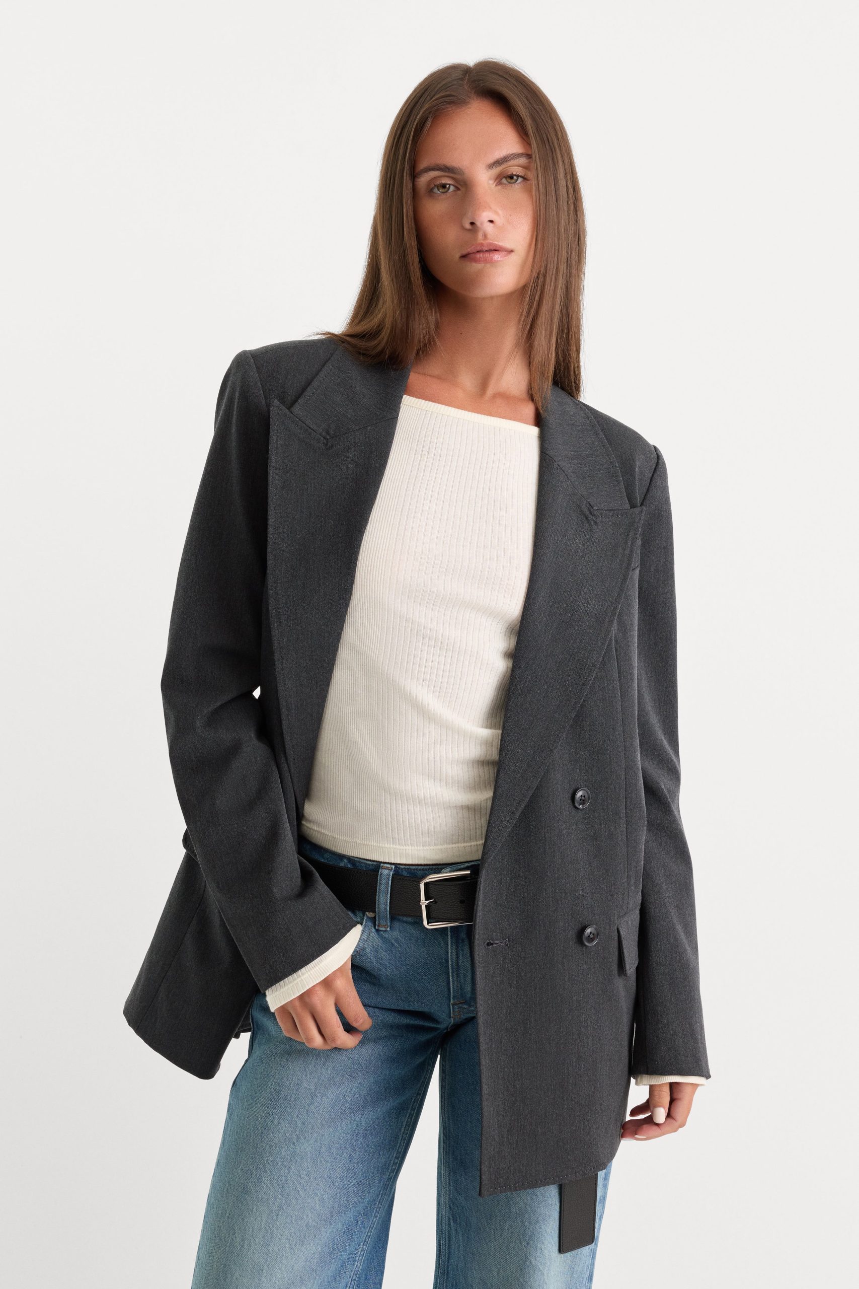 ESSENTIAL SUITING OVERSIZED DOUBLE BREASTED BLAZER | DARK HEATHER GRAY DARK HEATHER GRAY / 5XL