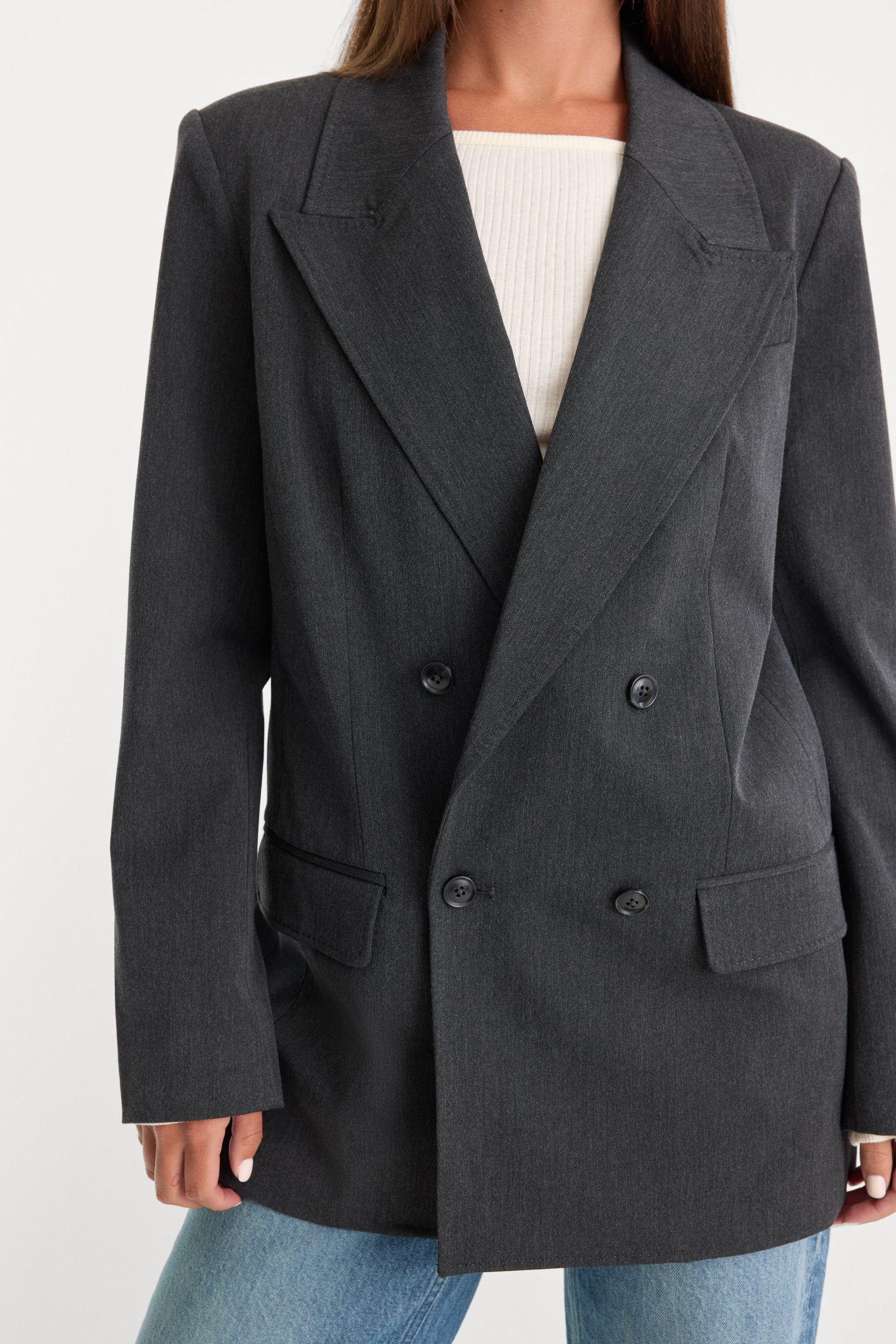 ESSENTIAL SUITING OVERSIZED DOUBLE BREASTED BLAZER | DARK HEATHER GRAY