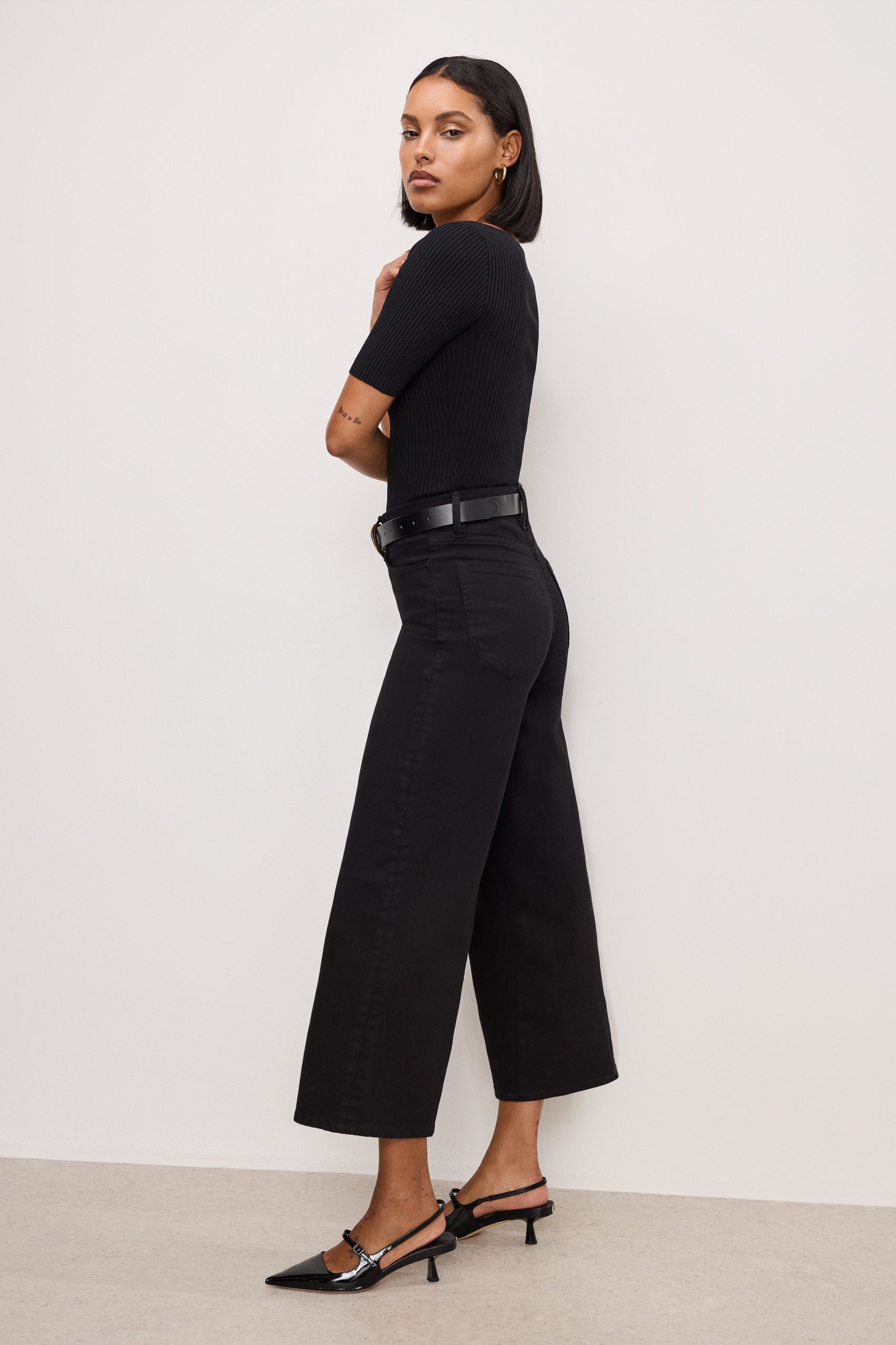 NEVER FADE GOOD WAIST CROPPED PALAZZO JEANS | BLACK001