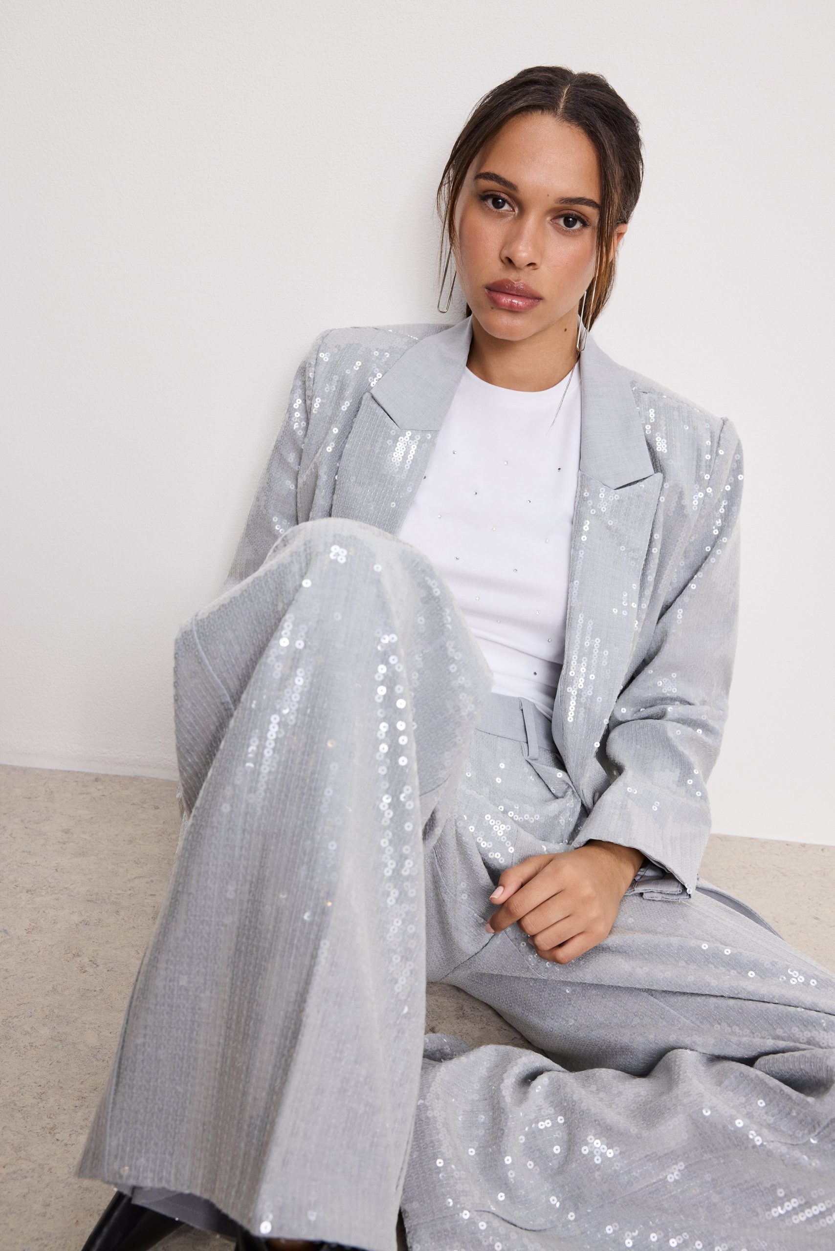 SEQUIN OVERSIZED BLAZER | HEATHER GREY001
