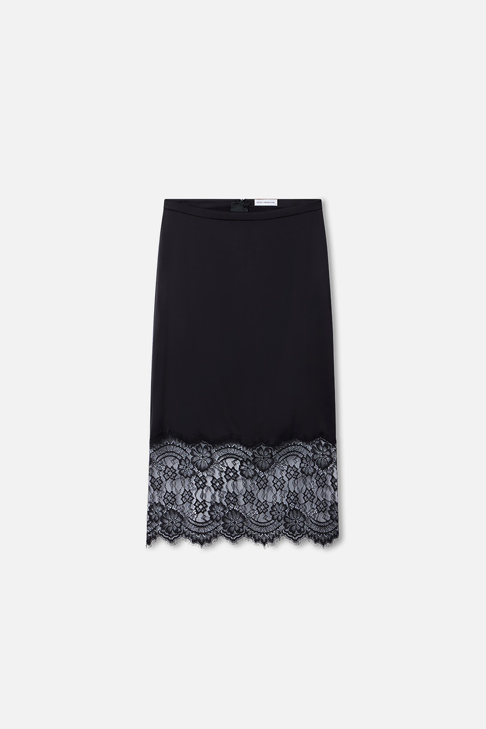 SATIN LACE SLIP MIDI SKIRT | BLACK001