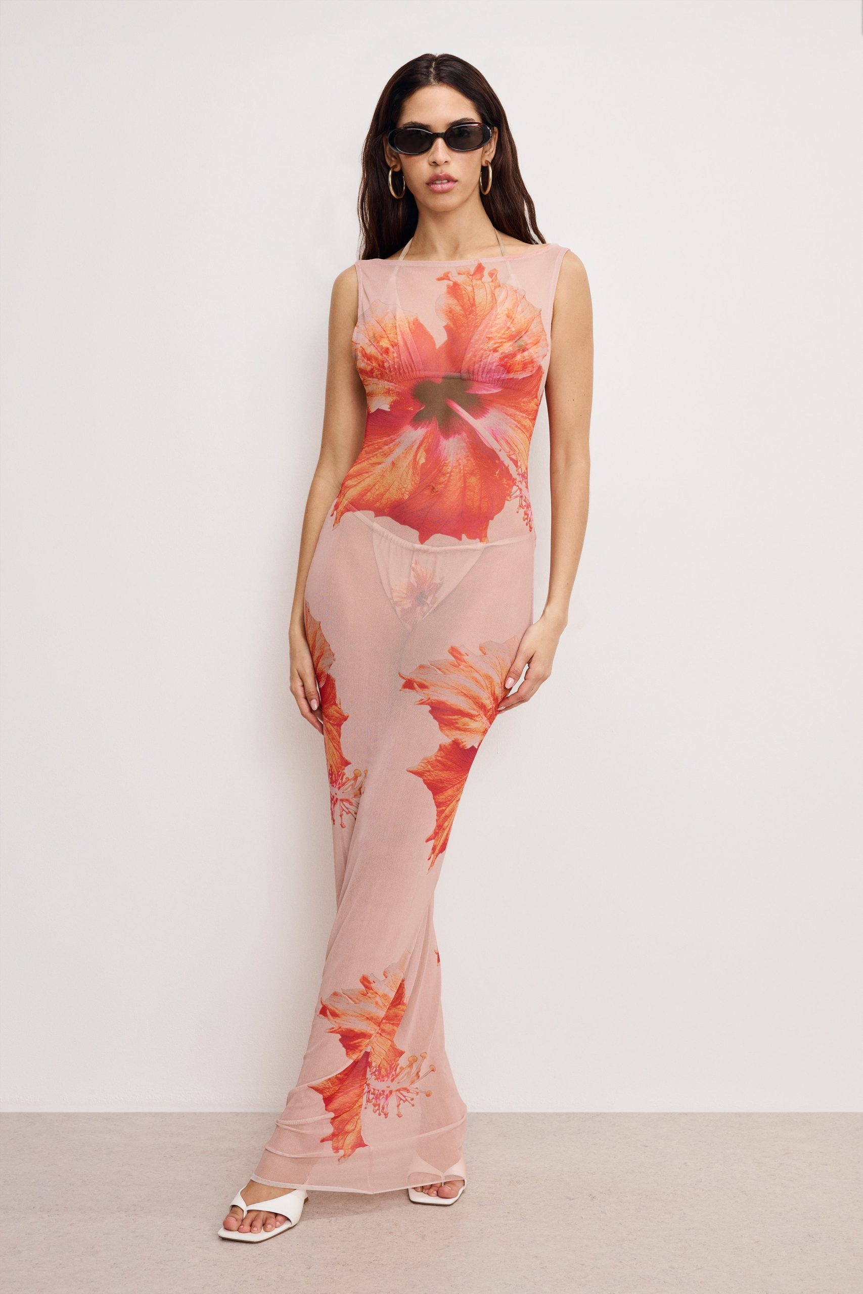 GAUZE MESH MAXI DRESS | MAUVE TROPICAL HIBISCUS001 MAUVE TROPICAL HIBISCUS001 / 5XL