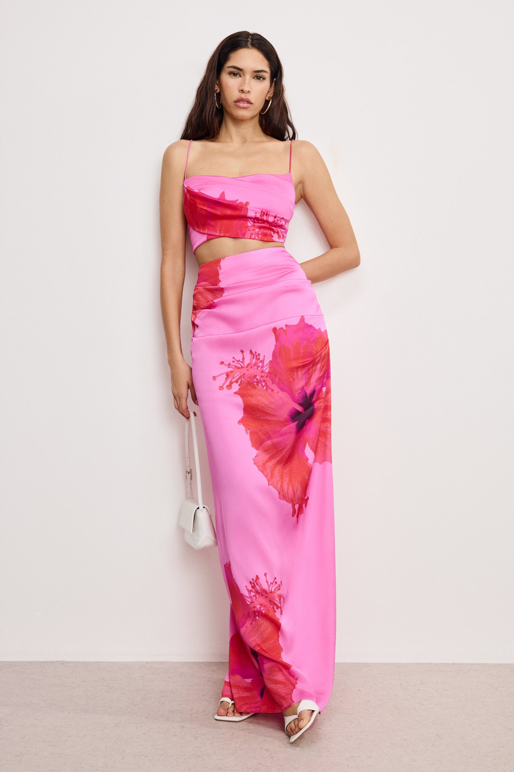 SATIN MAXI SKIRT | PINK HIBISCUS002