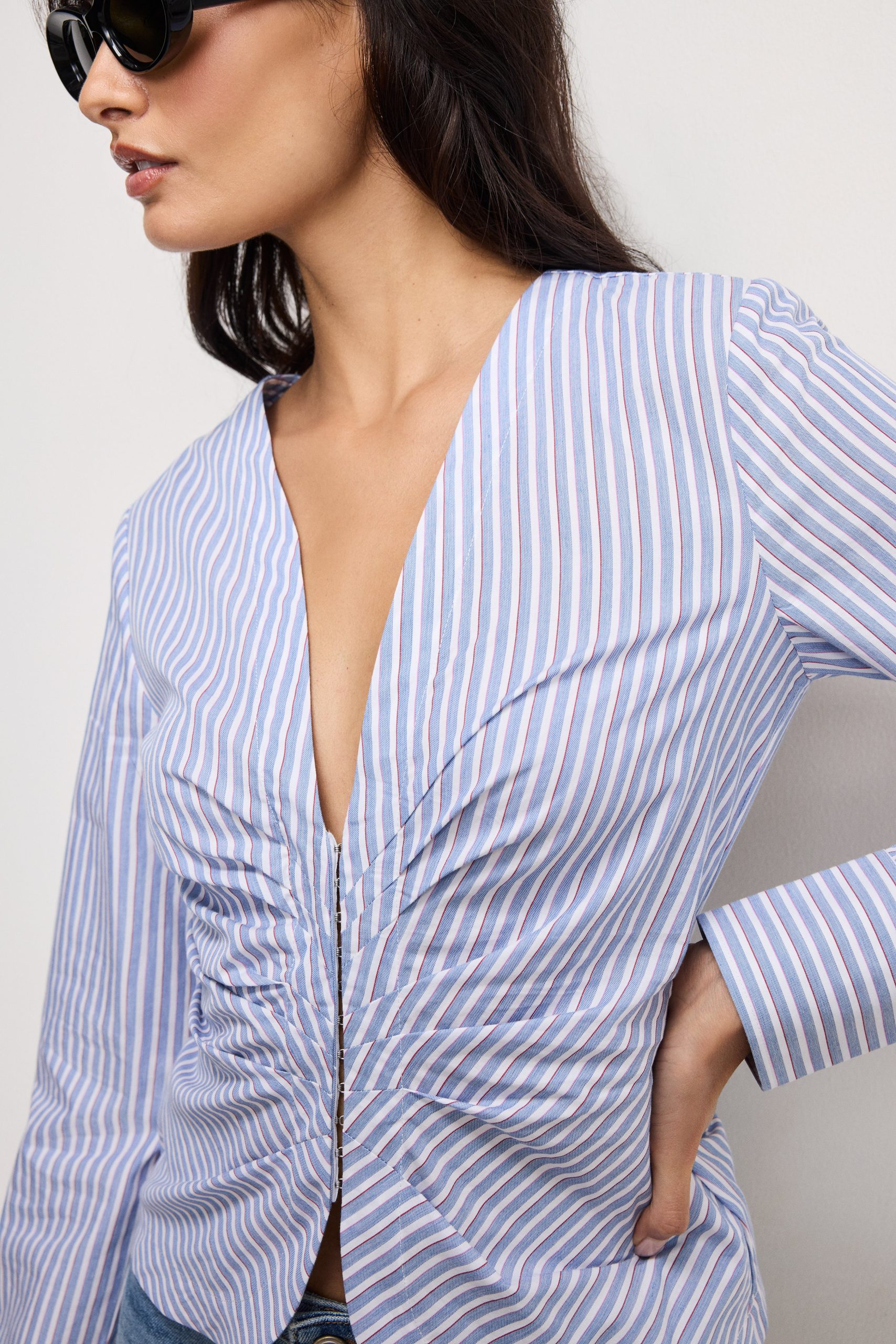 POPLIN RUCHED SHIRT | VACAY STRIPE001