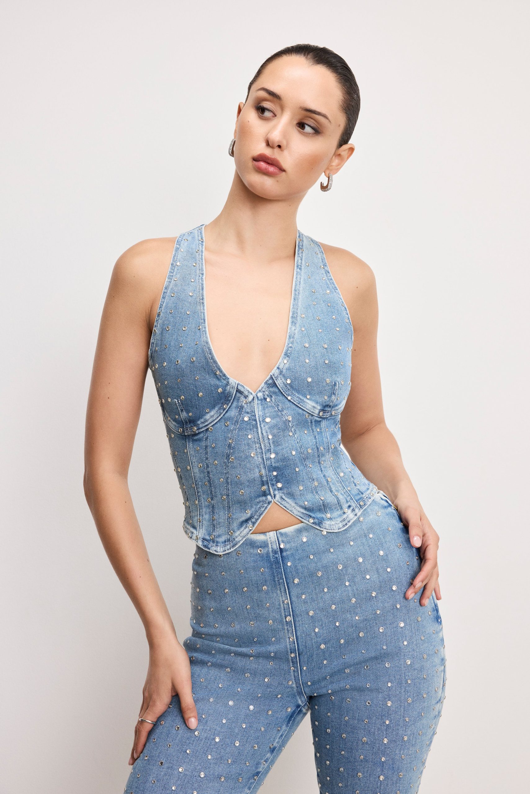 DOLLY CRYSTAL DENIM VEST | INDIGO1023